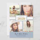 青と金ゴールド | 4写真卒業招待状 案内状 (正面)