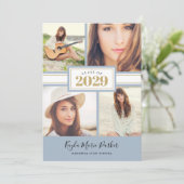 青と金ゴールド | 4写真卒業招待状 案内状 (スタンド正面)