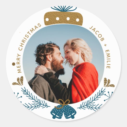 青と金ゴールド | Merry Christmas Bauble Photo ラウンドシール (正面)