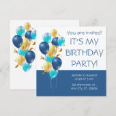 青と金。エレガントな誕生日 招待状 (正面/裏面)