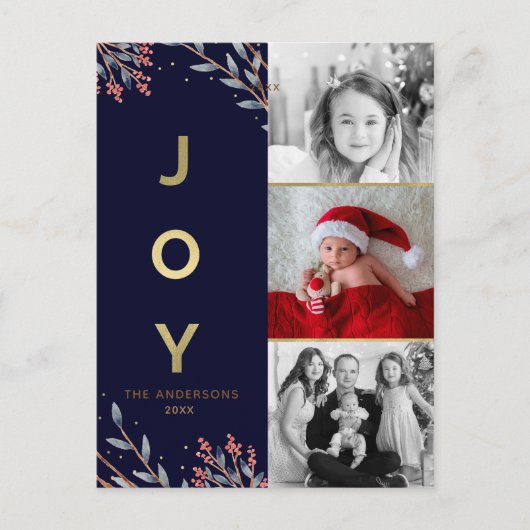青と金 JOY 3 枚の写真 ホリデー クリスマス (正面)
