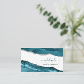 青と銀のアートモダンの水の色の瑪瑙スクリプト 名刺 (スタンド正面)