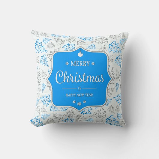 青と銀のエレガントクリスマスツリーパターン クッション (正面)