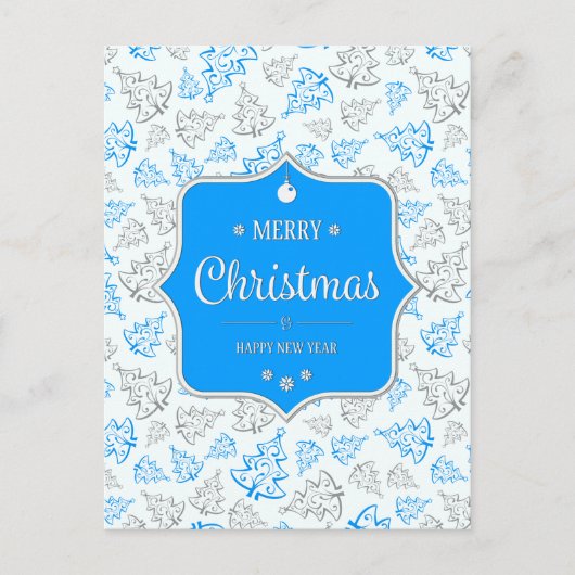 青と銀のエレガントクリスマスツリーパターン シーズンポストカード (正面)