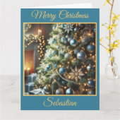 青と銀のクリスマスツリー カード (黄色い花)