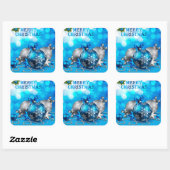 青と銀のクリスマスボール、キャンディーケーン、星 スクエアシール (シート)