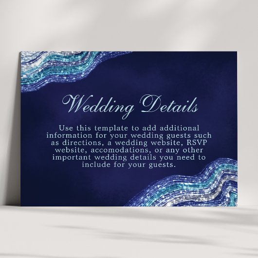 青と銀のグリッターウェーブ結婚式の詳細 エンクロージャーカード