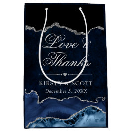 青と銀のグリッター大理石アゲ結婚ート ミディアムペーパーバッグ