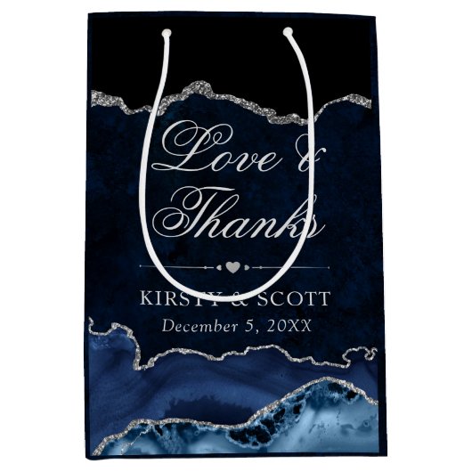 青と銀のグリッター大理石アゲ結婚ート ミディアムペーパーバッグ (正面)