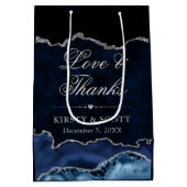 青と銀のグリッター大理石アゲ結婚ート ミディアムペーパーバッグ (裏面)