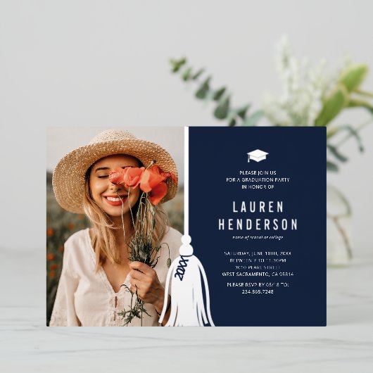 青と銀のタッセル写真 卒業パーティー 箔招待状 (立ち正面)