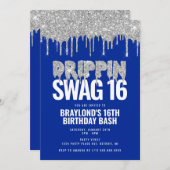 青と銀のドリピンスワッグ16誕生日 招待状 (正面/裏面)