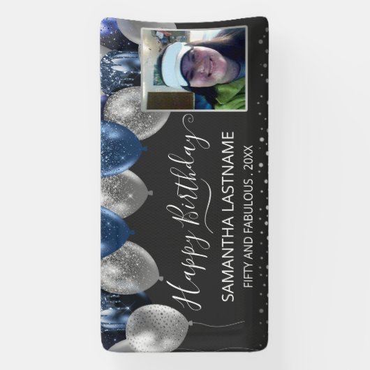 青と銀のバルーン誕生日パーティーの予算 横断幕 (縦)