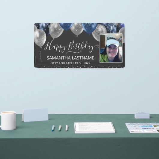 青と銀のバルーン誕生日パーティーの予算 横断幕 (トレードショー)