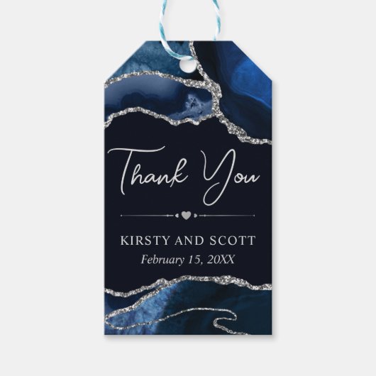 青と銀のフェイクグリッターアゲ結婚ート ギフトタグ (正面)