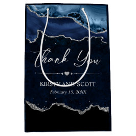 青と銀のフェイクグリッターアゲ結婚ート ミディアムペーパーバッグ