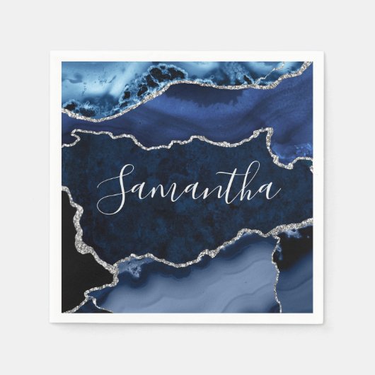 青と銀のフェイクグリッターマーブルゲート スタンダードカクテルナプキン (正面)