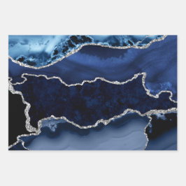 青と銀のフェイクグリッターマーブルゲート ラッピングペーパーシート