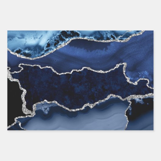 青と銀のフェイクグリッターマーブルゲート ラッピングペーパーシート (正面)