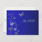 青と銀のフローラと蝶の返信カード 出欠カード (正面)