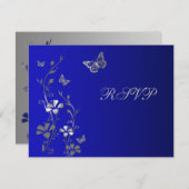 青と銀のフローラと蝶の返信カード 出欠カード (正面/裏面)