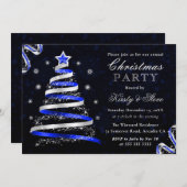 青と銀のリボンツリークリスマスパーティー 招待状 (正面/裏面)