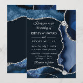 青と銀の偽の輝きのアゲートの結婚式 招待状 (正面/裏面)