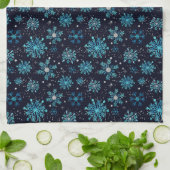青と銀の冬の雪の結晶 キッチンタオル (折り畳み)