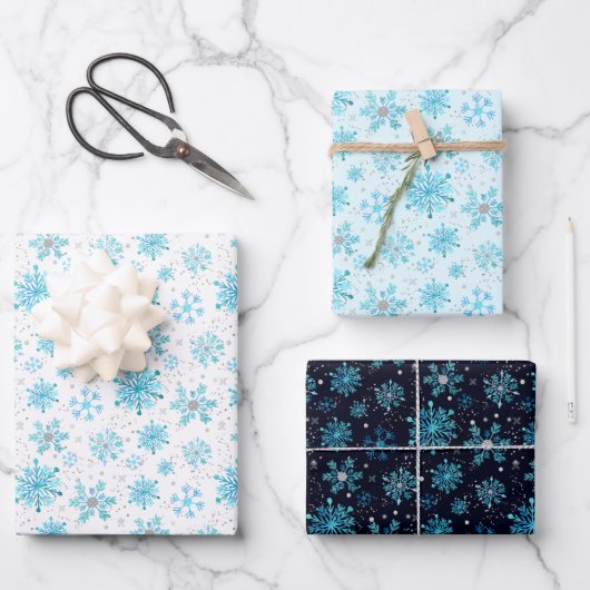 青と銀の冬の雪の花模様 ラッピングペーパーシート (正面)