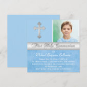 青と銀の初めての聖体拝領の写真招待状 招待状 (正面/裏面)