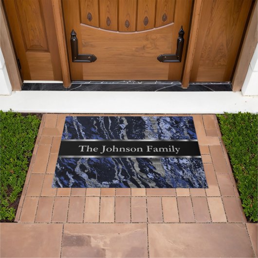 青と銀の大理石 ドアマット (室外)