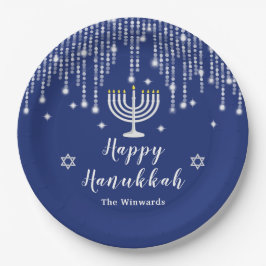 青と銀の文字列ライトハッピーハヌカー ペーパープレート