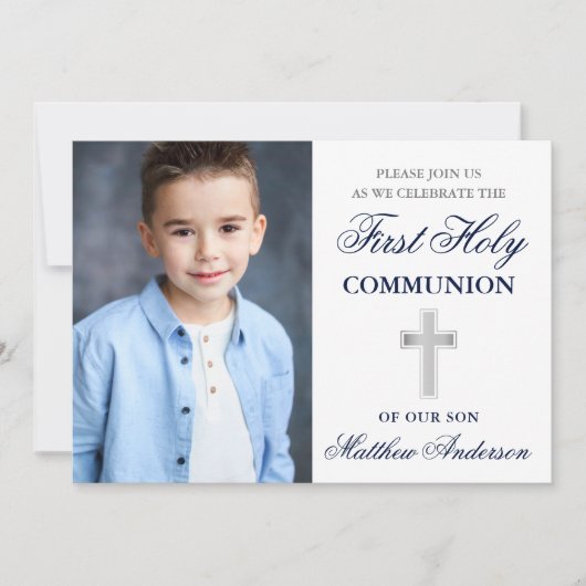 青と銀の最初の聖餐式の写真 招待状 (正面)