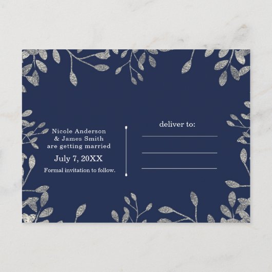 青と銀の植物学的なウェディング・セーブ・ザ・デート 案内ポストカード (裏面)