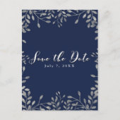 青と銀の植物学的なウェディング・セーブ・ザ・デート 案内ポストカード (正面)