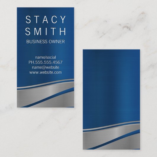 青と銀の波のメタリック背景 名刺 (正面/裏面)
