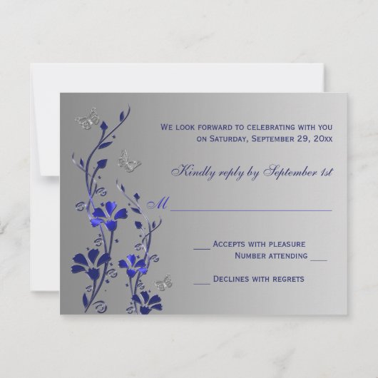 青と銀の花と蝶の返信カード 出欠カード (裏面)