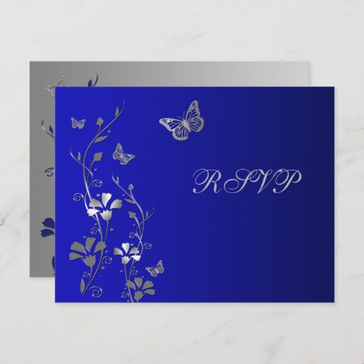 青と銀の花と蝶の返信カード 出欠カード (正面/裏面)