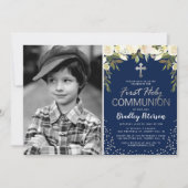青と銀の花柄の少年、初めての聖体拝領の写真 招待状 (正面)