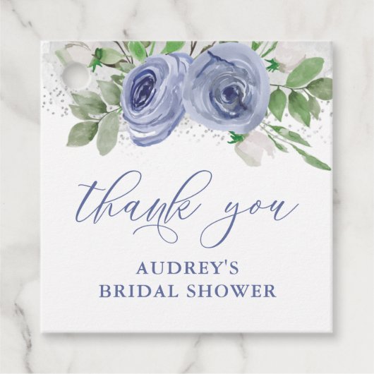 青と銀の花模様、感謝の気持ちを伝えるタグ フェイバータグ (正面)