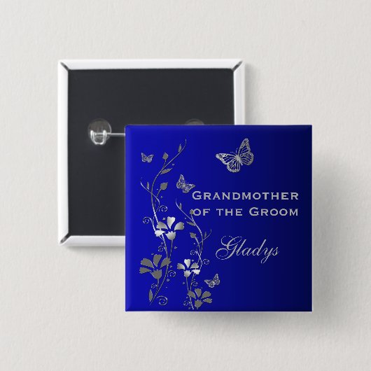 青と銀の蝶のフローラおばあちゃんピン 缶バッジ (正面&裏面)