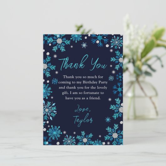 青と銀の雪の結晶のウィンターバースデーパーティー サンキューカード (スタンド正面)