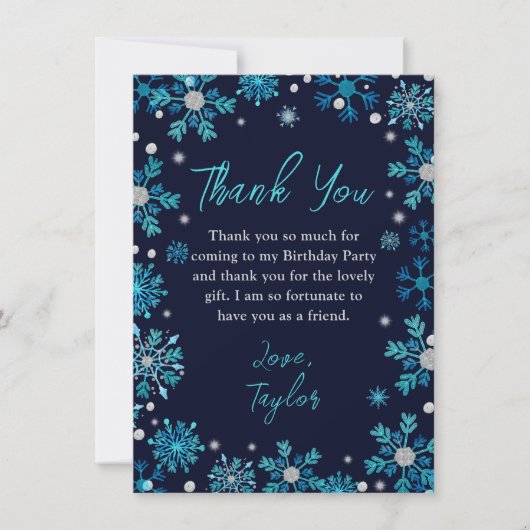 青と銀の雪の結晶の冬の誕生日パーティー サンキューカード (正面)