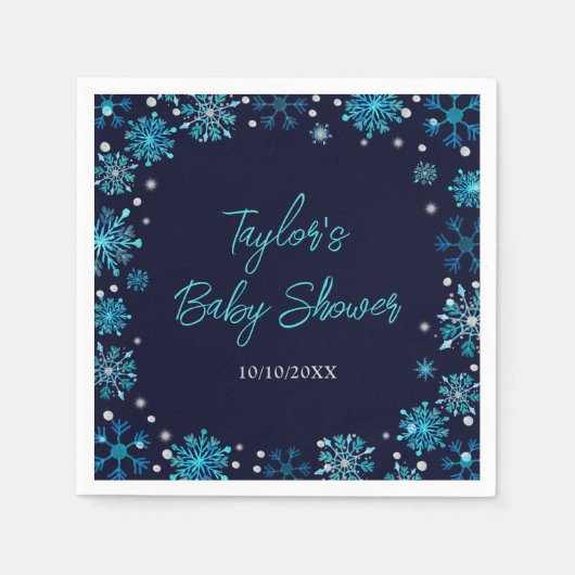 青と銀の雪片ベビーシャワー スタンダードカクテルナプキン (正面)