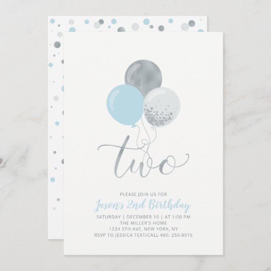 青と銀の風船 | 2歳の男の子の誕生日 招待状 (正面/裏面)