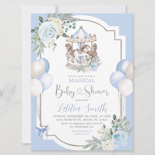 青と銀の魔法の回転木馬赤ちゃんシャワー 招待状 (正面)