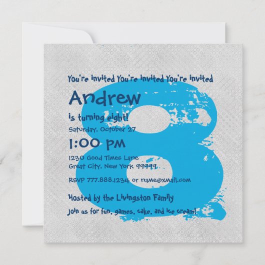 青と銀の8歳の誕生パーティー8歳V11G 招待状 (裏面)