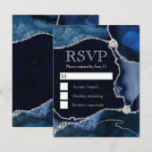 青と銀エレガントのグリッター大理石瑪瑙 出欠カード (正面/裏面)