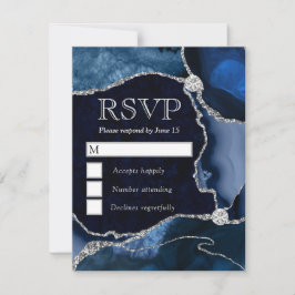 青と銀エレガントのグリッター大理石瑪瑙 出欠カード