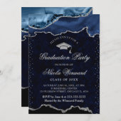 青と銀エレガントの大理石瑪瑙の卒業 招待状 (正面/裏面)